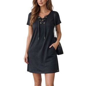 Calvin Klein Black Lace Up T Shirt Dress Gold Grommet Cotton Stretch Size Large